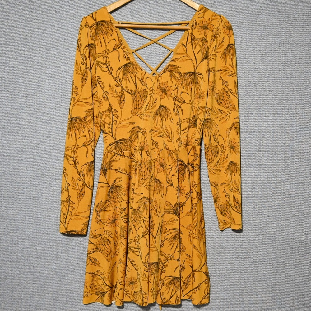Kimchi Blue Mini Dress Womens Long Sleeve Lattice Back L Mustard Yellow